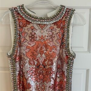 cinq a sept Coral and Blush Sequin Beaded Sleeveless Dress